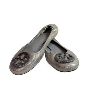 Tory Burch Metallic Silver Snake Print Ballet Flats Shoes Women's Size 8 M